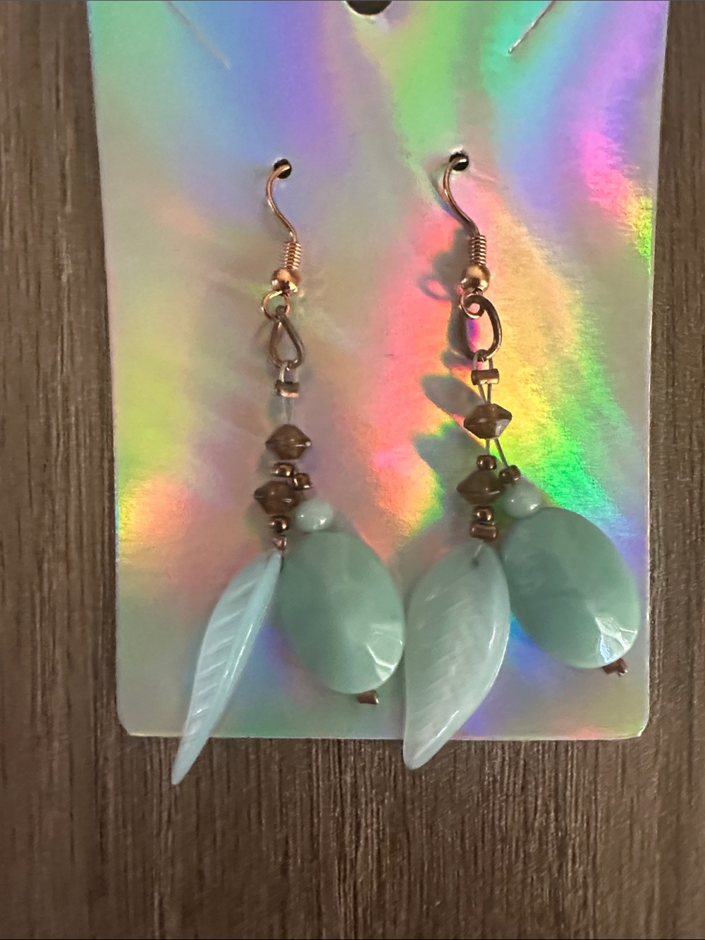 Mint Green Leaf & Oval Dangle Earrings with Gold-Tone Accents